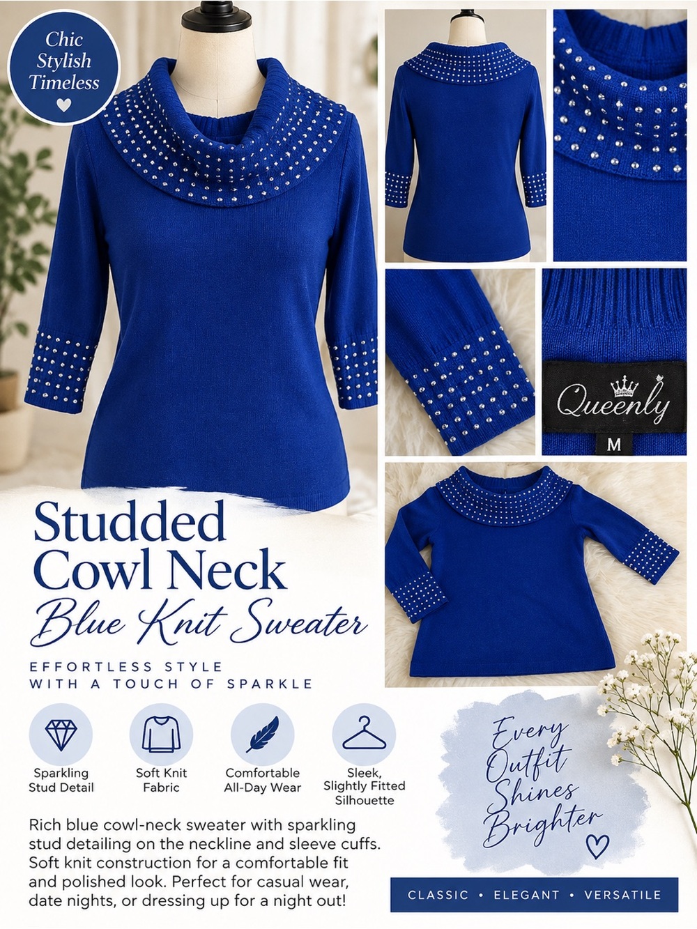 Queenly Studded Cowl Neck Blue Knit Sweater Size M